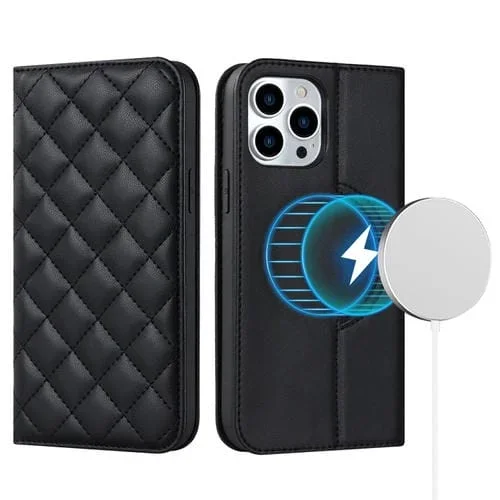 Funda para iPhone 13 Pro Rhombic Magsafe Rfid Antirrobo de Cuero (Negro)