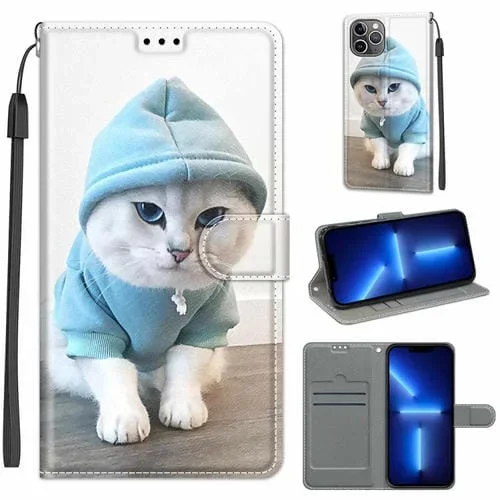 Funda para iPhone 13 Pro Voltaje Dibujo a Color Cierre Magnético Cuero de PU Tapa Horizontal Soporte Ranuras para Tarjetas (C15 Blue Sweater White Cat)