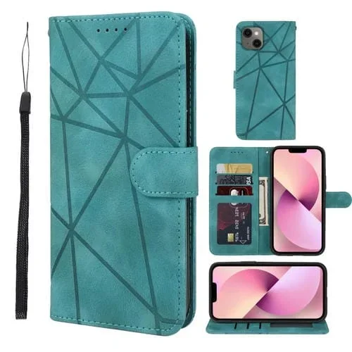 Funda para iPhone 13 Skin Feel Cuero con Líneas Geométricas (Verde)