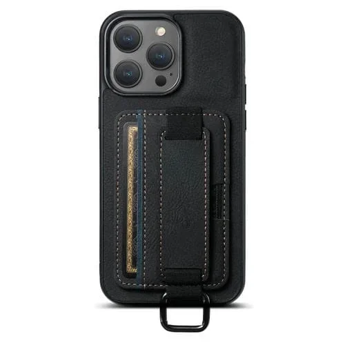 Funda para iPhone 13 Suteni H13 Litchi Correa de Muñeca de Cuero con Billetera Trasera (Negro)
