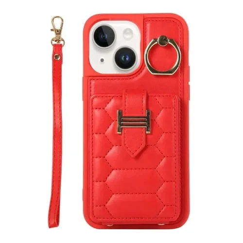 Funda para iPhone 13 Vertical Card Bag Ring Holder con Doble Cordón (Rojo)