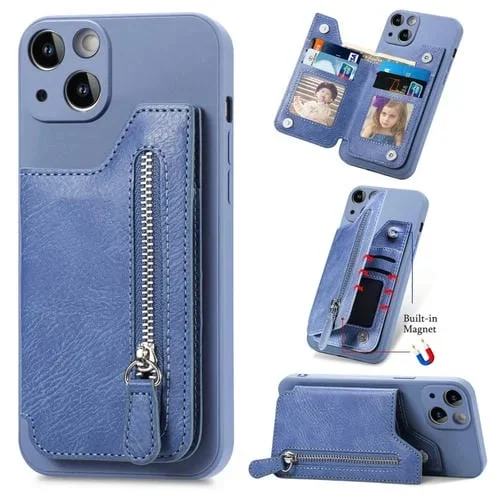 Funda para iPhone 14 con Cremallera y Parte Trasera de Cuero a Prueba de Golpes (Azul)