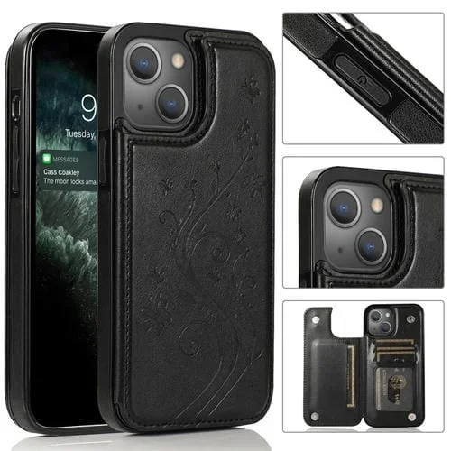 Funda para iPhone 14 con Doble Hebilla Mariposas y Flores (Negro)