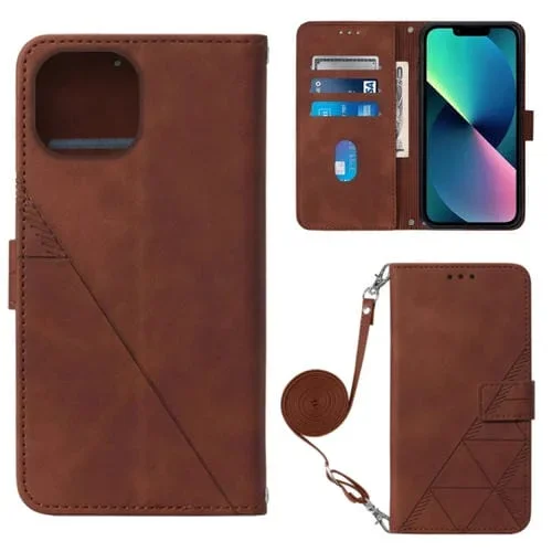 Funda para iPhone 14 Crossbody 3D de Cuero con Tapa en Relieve (Marrón)