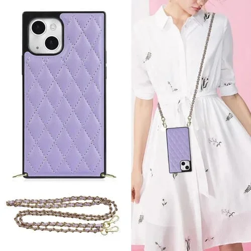 Funda para iPhone 14 Crossbody Rhombic Microfiber Leather Phone Case (Púrpura)