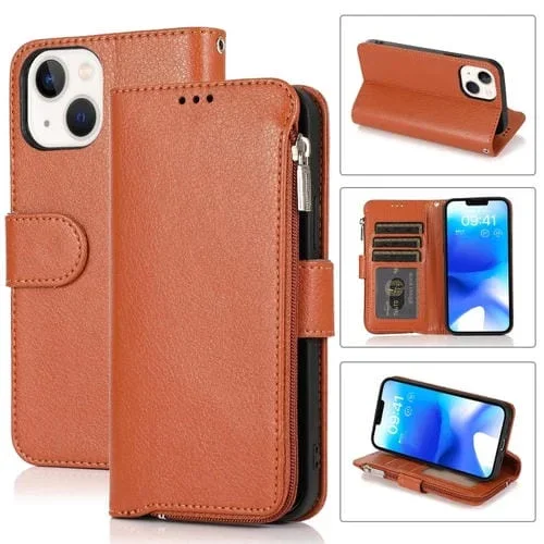 Funda para iPhone 14 de Cuero con Cremallera y Microfibra para Teléfono (Marrón)