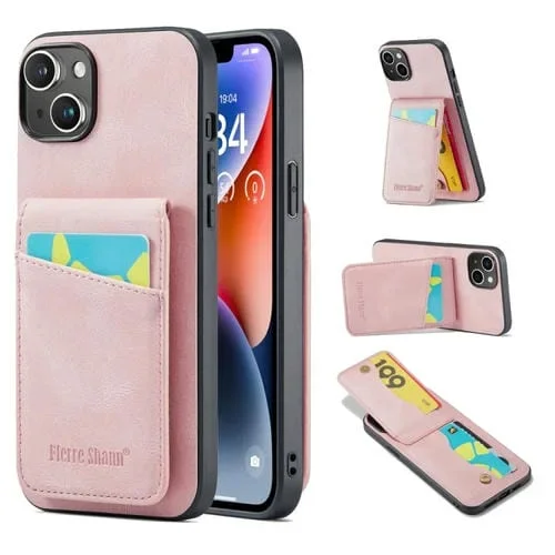 Funda para iPhone 14 Fierre Shann Crazy Horse Card Holder Contraportada PU (Rosa)