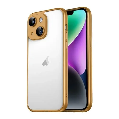 Funda para iPhone 14 Macaron PC Marco de Borde Puro con Película de Vidrio para Lentes (Dorado)