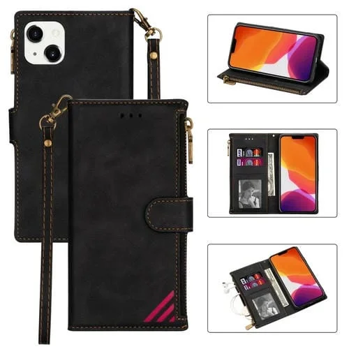 Funda para iPhone 14 Max Cremallera Ranuras para Tarjetas Múltiples Cuero con Tapa Horizontal (Negro)