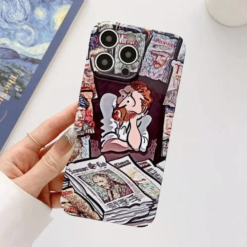 Funda para iPhone 14 PC Pintura al Óleo Agujero Preciso Caja Brillante (Periódico)