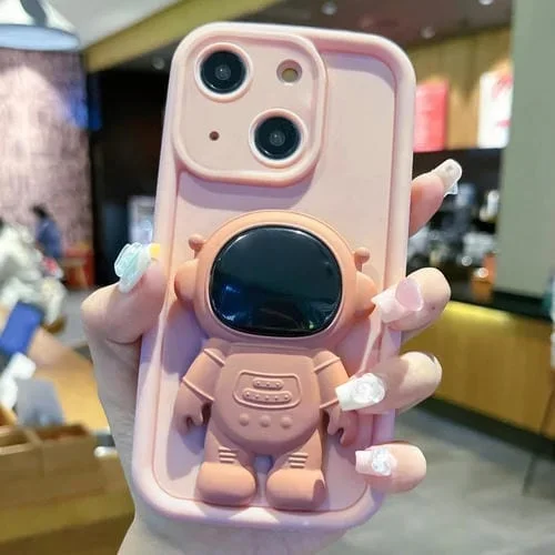Funda para iPhone 14 Plus Astronaut 3D Relief Holder TPU + PC Cobertura Total (Rosa)