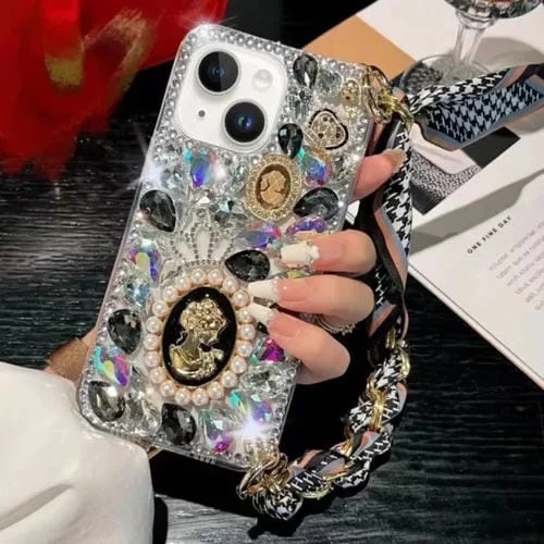 Funda para iPhone 14 Plus PC Pulsera Bufanda Piedra Preciosa Púrpura Diamante Hecha a Mano (Negro)