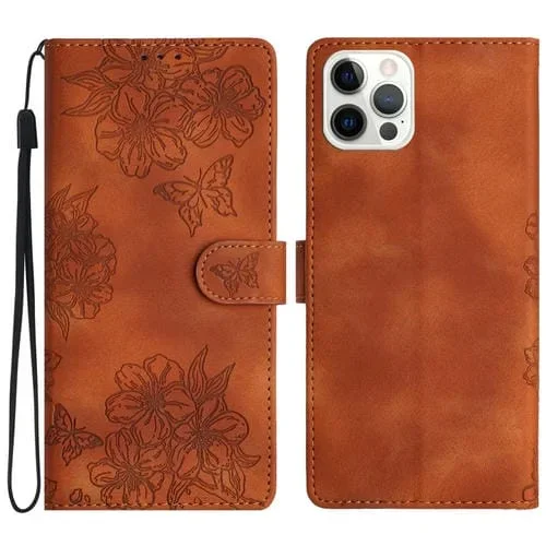 Funda para iPhone 14 Pro Cherry Blossom Butterfly Skin Feel de PU en Relieve (Marrón)