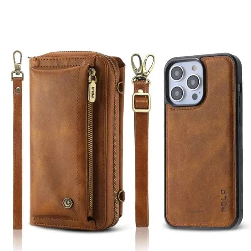Funda para iPhone 14 Pro Max Crossbody de Cuero con Billetera y Cremallera Multifuncional (Marrón)