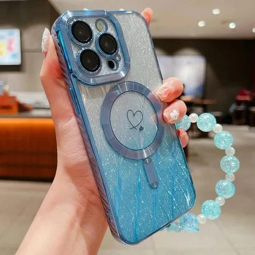 Funda para iPhone 14 Pro Max Loves Leaves Pulseras con Brillo Degradado Magsafe TPU de Fibra de Carbono (Azul)