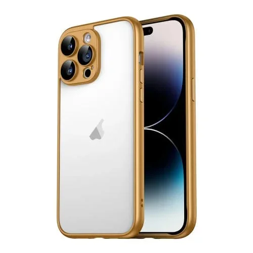 Funda para iPhone 14 Pro Max Macaron PC Marco de Borde Puro con Película de Vidrio para Lentes (Dorado)