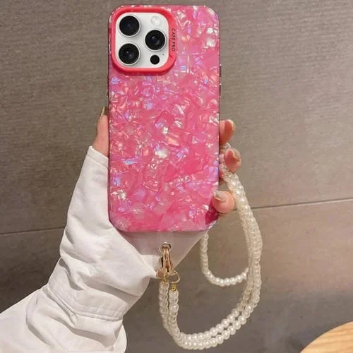 Funda para iPhone 14 Pro Max Shell Texture Crossbody Pearl Chain TPU Acrílico Híbrido (Rojo Rosa)