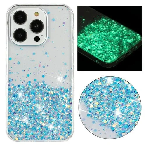 Funda para iPhone 14 Pro Max TPU con Polvo de Brillo Noctilucente y Marco Transparente (Azul)