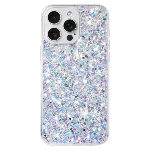 Funda para iPhone 14 Pro Max TPU con Polvo de Brillo y Marco Transparente (Blanco)