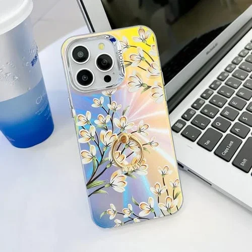 Funda para iPhone 14 Pro TPU Galvanoplastia Láser Flor Anillo Titular (Pear Blossom Ah17)