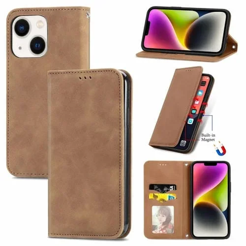 Funda para iPhone 14 Retro Skin Feel Magnetic Flip Leather Phone Case (Marrón)
