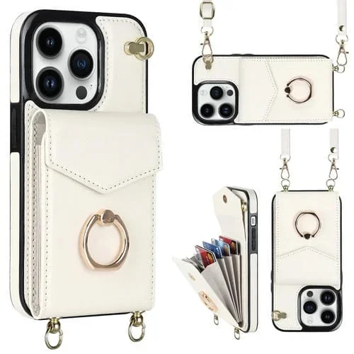 Funda para iPhone 14 Ring Holder con Ranura Rfid y Lanyard Largo (Beige)