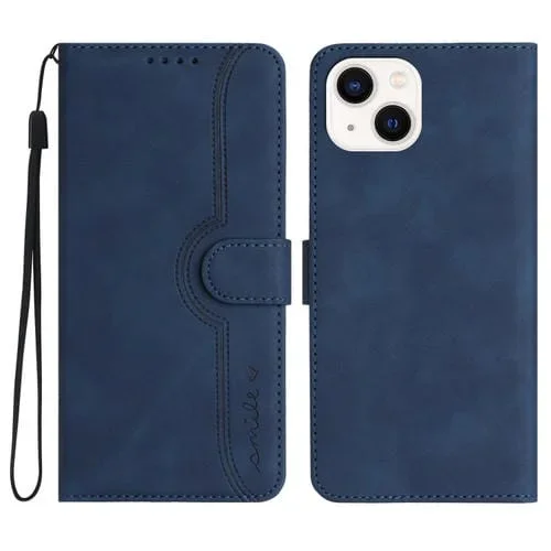 Funda para iPhone 14 Skin Feel Leather con Patrón de Corazones (Royal Blue)
