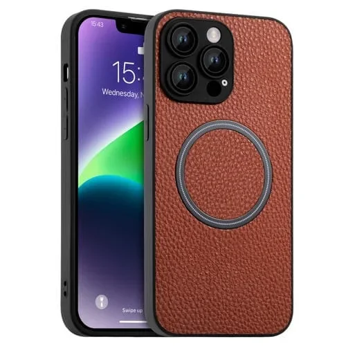 Funda para iPhone 14 Skin Feel Litchi Texture Magsafe Magnética (Marrón)
