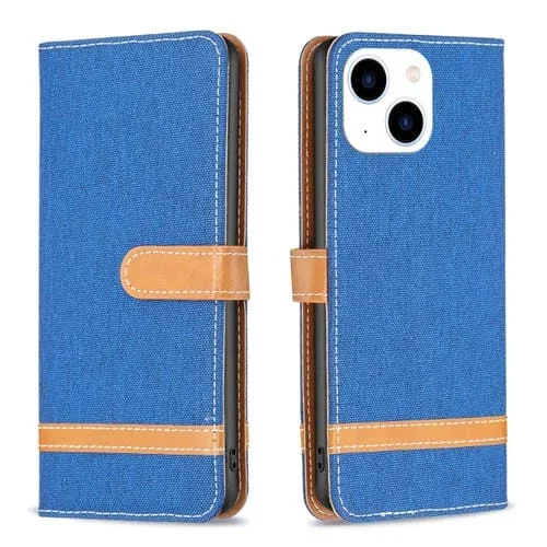 Funda para iPhone 15 Color Block Denim Texture Leather Phone Case (Royal Blue)