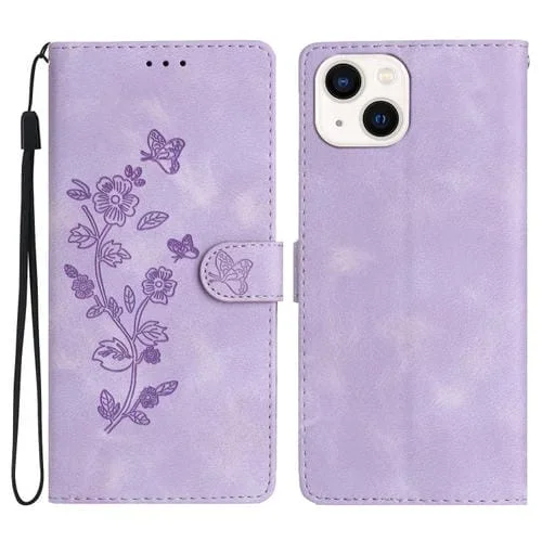 Funda para iPhone 15 Cuero Flor Mariposa Relieve Patrón (Púrpura)