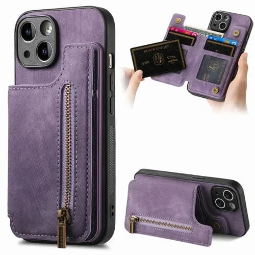 Funda para iPhone 15 Cuero Retro con Cremallera y Billetera (Púrpura)