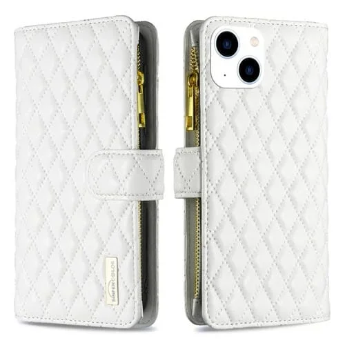 Funda para iPhone 15 Diamond Lattice Zipper Wallet de Cuero con Tapa (Blanco)