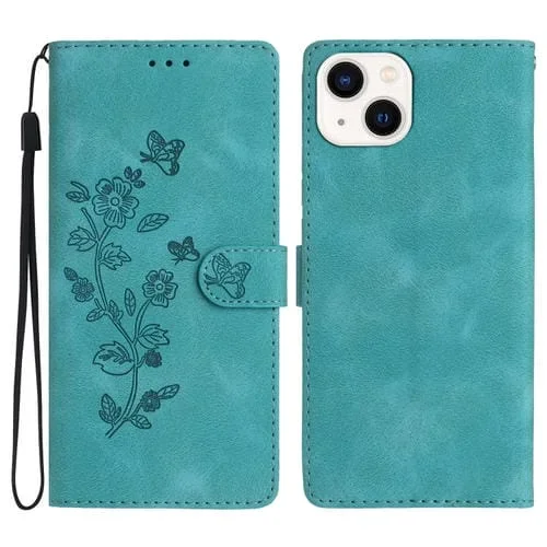 Funda para iPhone 15 Flor Mariposa Relieve Patrón de Cuero para Teléfono (Azul Cielo)