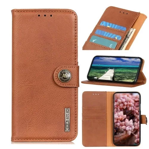 Funda para iPhone 15 Khazneh Cuero con Tapa Horizontal Textura Piel de Vaca (Marrón)