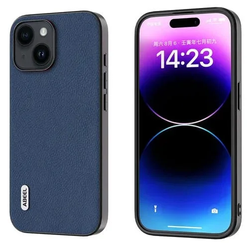 Funda para iPhone 15 Plus Abeel Cuero Genuino y PC Textura Litchi (Azul)