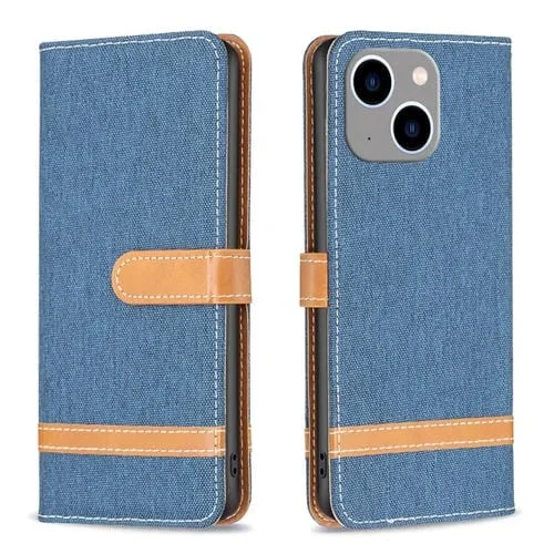 Funda para iPhone 15 Plus Color Block Denim Texture Leather Phone Case (Azul Oscuro)