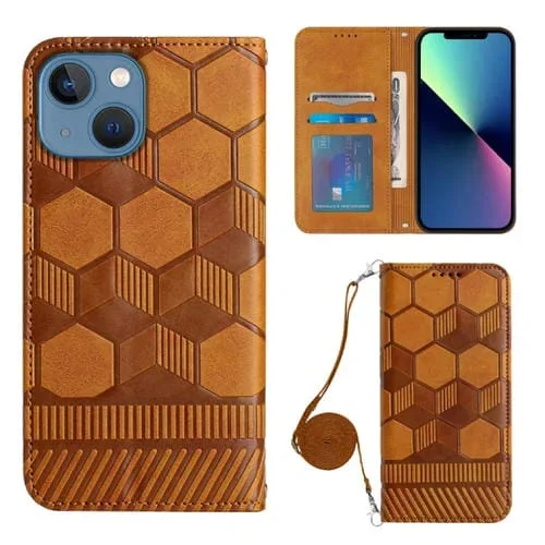 Funda para iPhone 15 Plus Crossbody Football Texture Magnetic PU Case (Caqui)