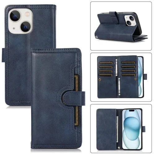 Funda para iPhone 15 Plus Cuero con Ranura para Tarjeta y Pulsera (Azul)