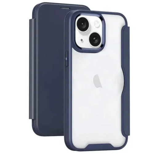 Funda para iPhone 15 Plus de Cuero con Tapa Adsorción y Bloqueo Rfid (Azul Oscuro)