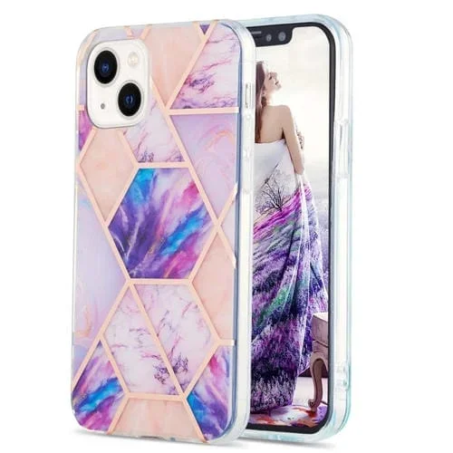 Funda para iPhone 15 Plus Galvanoplastia Empalme Mármol Patrón de Flores Doble Cara Imd TPU (Púrpura Claro)