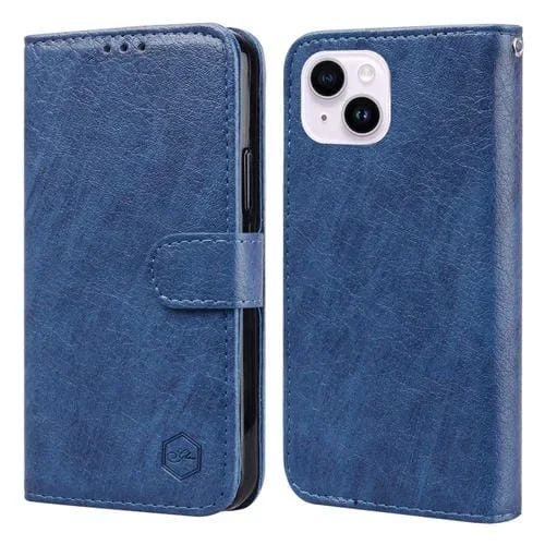 Funda para iPhone 15 Plus PU + TPU Textura de Cuero Aceitoso Sensación de Piel (Azul Oscuro)