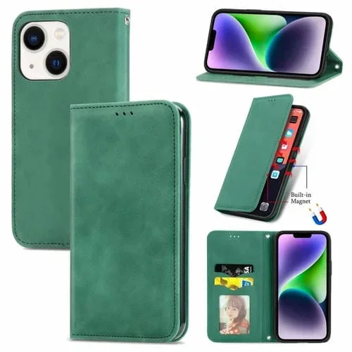 Funda para iPhone 15 Plus Retro Skin Feel Flip Magnética de Cuero (Verde)