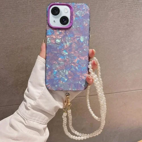 Funda para iPhone 15 Plus Shell Texture Crossbody Cadena Perla TPU Acrílico Híbrido (Púrpura)