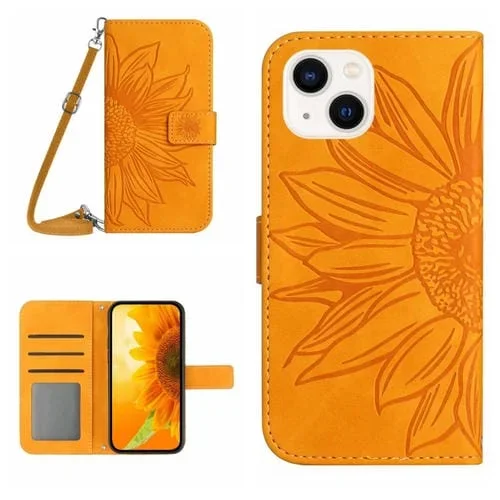 Funda para iPhone 15 Plus Skin Feel Sun Flower Cuero con Tapa en Relieve y Cordón (Amarillo)