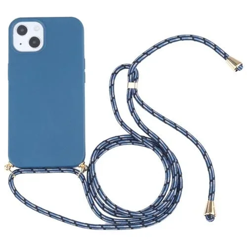 Funda para iPhone 15 Plus TPU Paja de Trigo a Prueba de Golpes con Cordón para El Cuello (Azul)