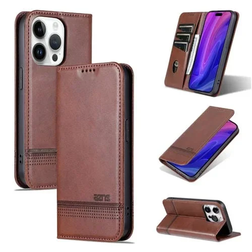 Funda para iPhone 15 Pro Azns Cuero con Tapa Magnética Textura de Becerro (Marrón Oscuro)