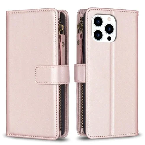 Funda para iPhone 15 Pro Cartera de Cuero con 9 Ranuras para Tarjetas y Cremallera (Oro Rosa)