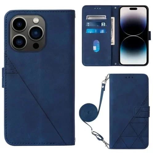 Funda para iPhone 15 Pro Crossbody 3D de Cuero con Tapa en Relieve (Azul)