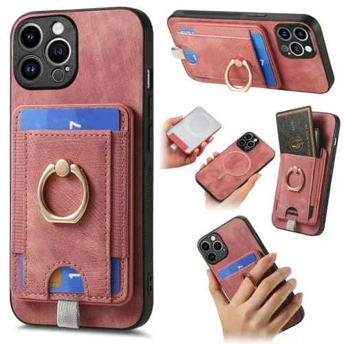Funda para iPhone 15 Pro Cuero con Bolsa para Tarjeta Magnética Divisible Retro (Rosa)