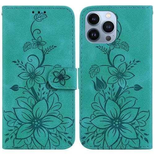 Funda para iPhone 15 Pro Cuero con Relieve Lily (Verde)